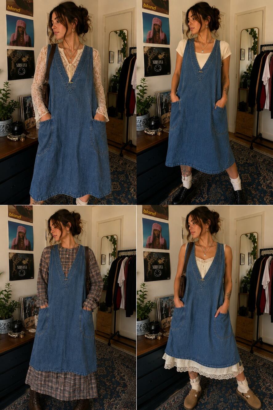 Vintage Le Jardin Denim Pinafore Dress XL Oversized Apron Jumper Lagenlook USA